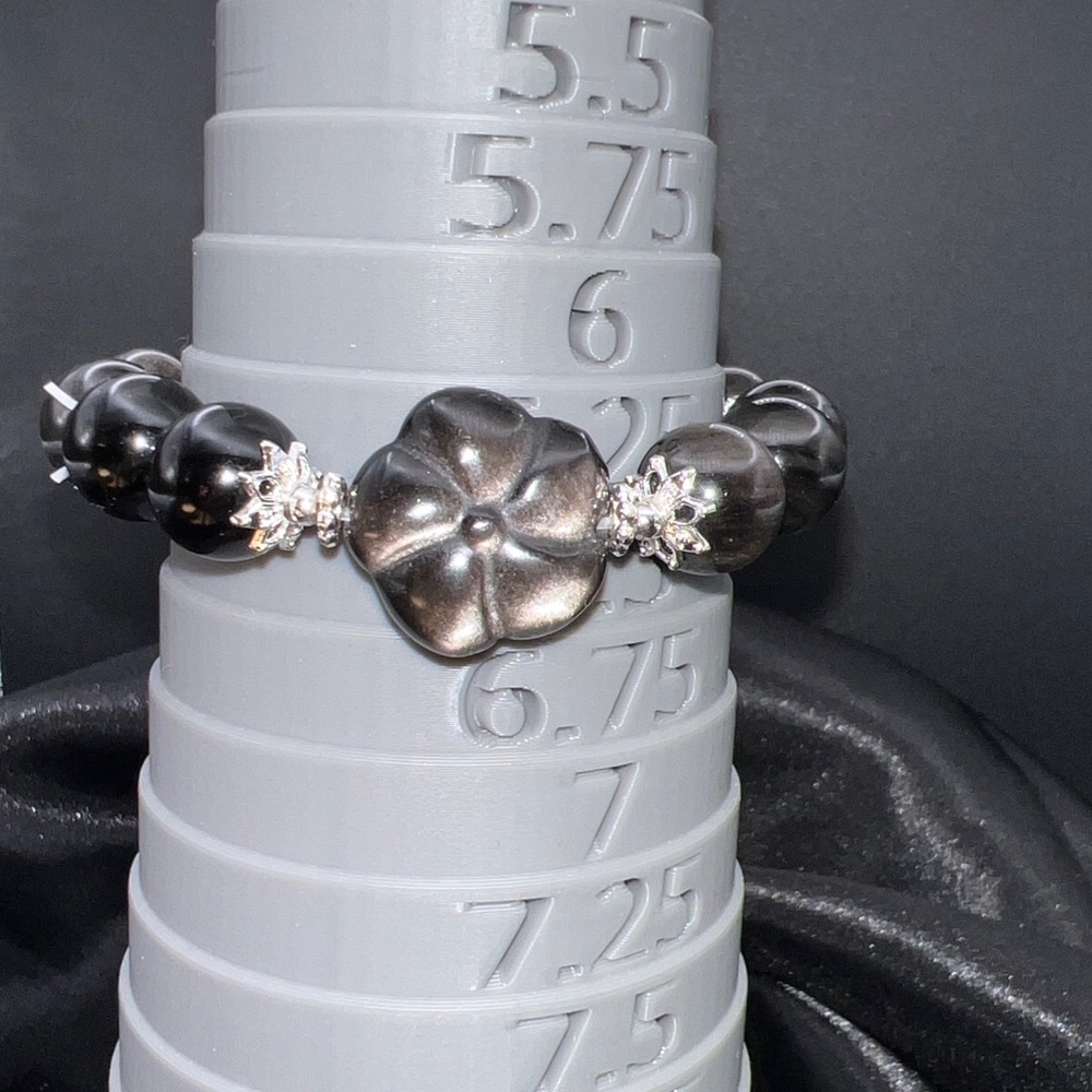 High Quality Silver Sheen Obsidian Stretch Bracelet HANDMADE Double Sided Flower - Picture 7 of 12